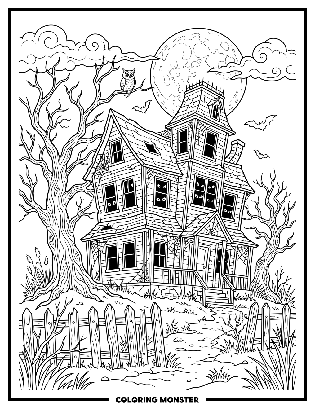 Haunted House Under Full Moon Coloring Page