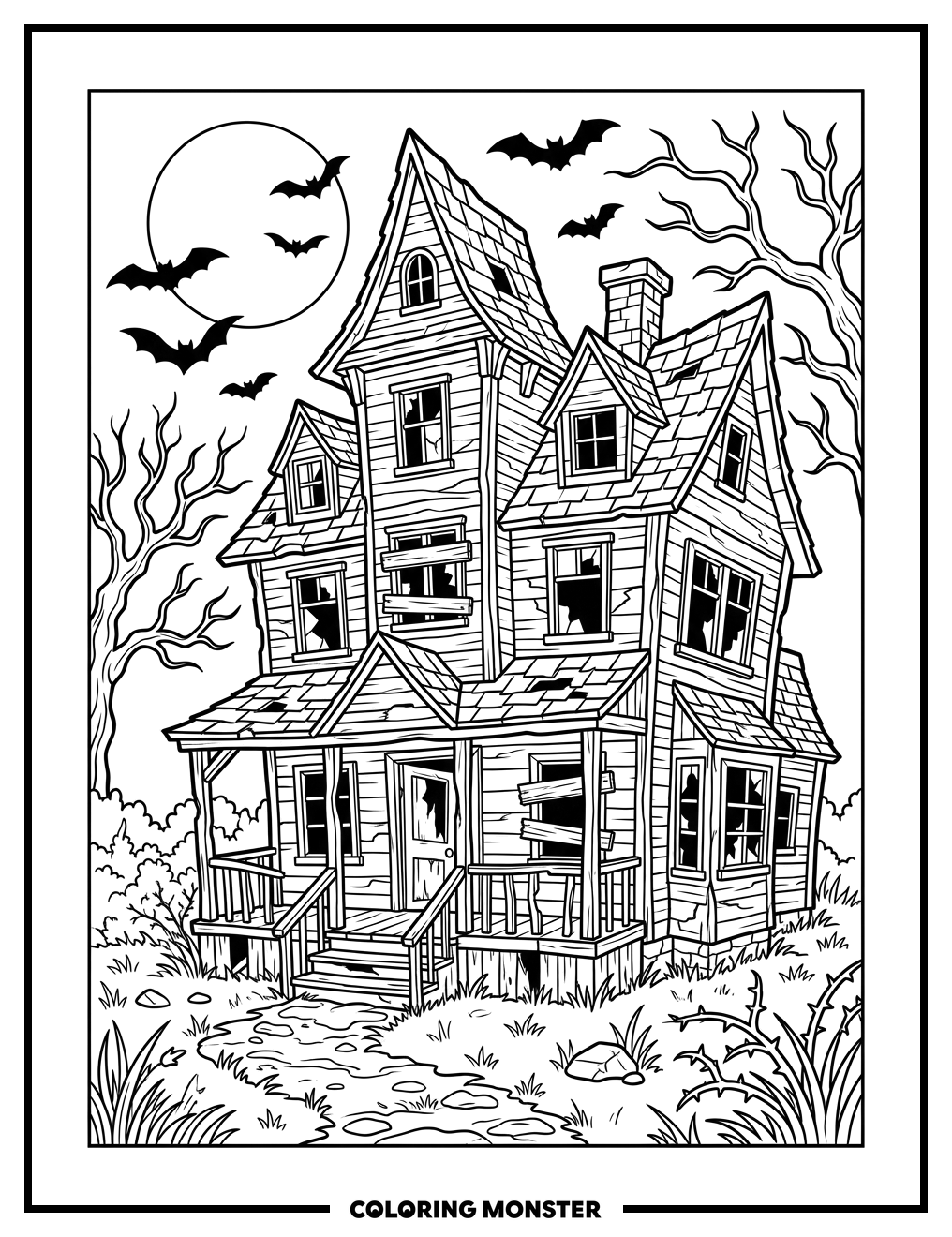 Haunted House Under The Full Moon Coloring Page
