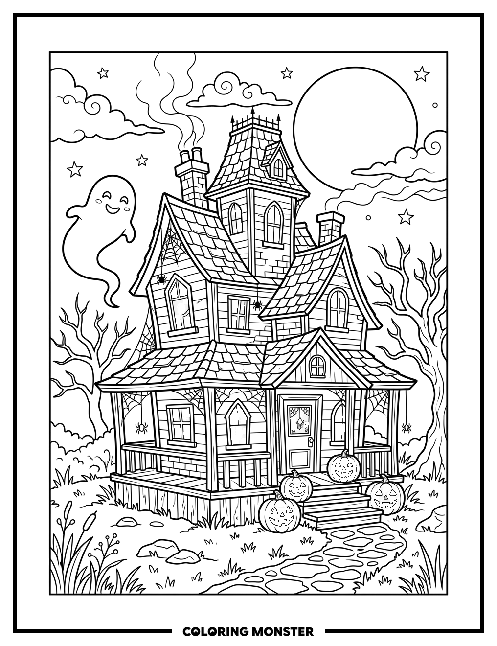 Haunted House Under the Full Moon Coloring Page