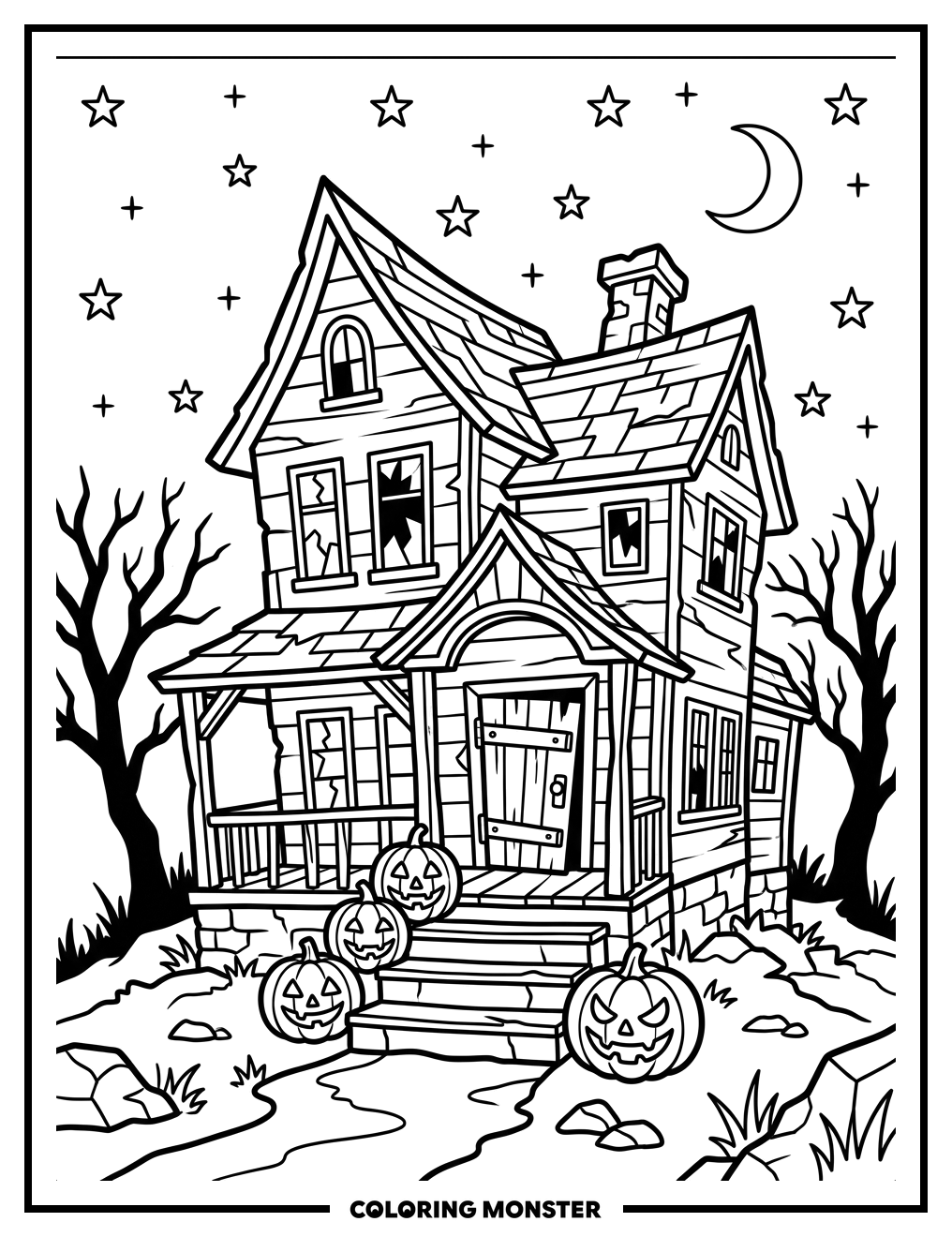 Haunted House with Pumpkins Coloring Page