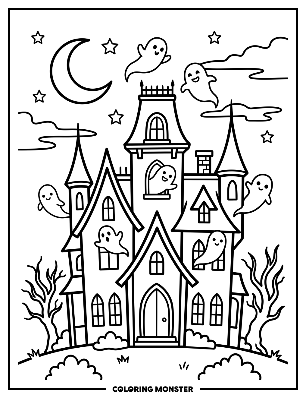 Haunted Mansion With Friendly Ghosts Coloring Page