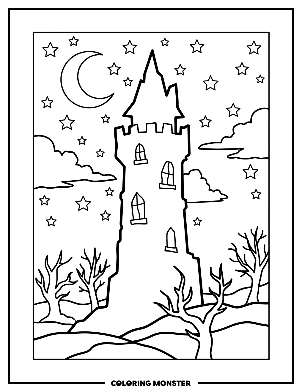 Haunted Tower Silhouette Coloring Page
