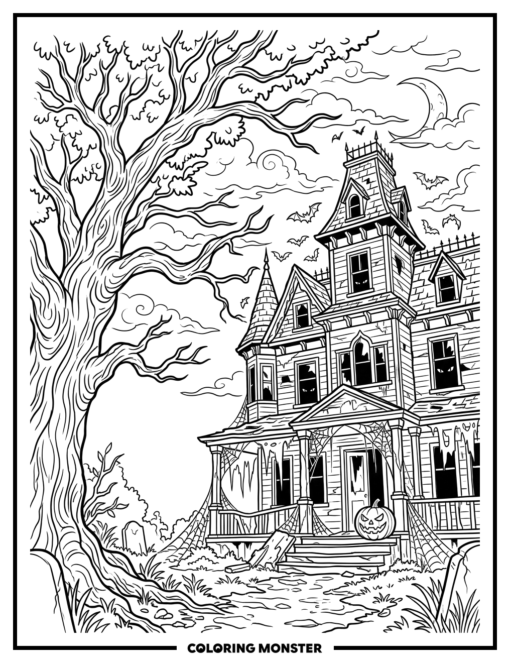 Haunted Victorian Mansion and Ancient Oak Coloring Page