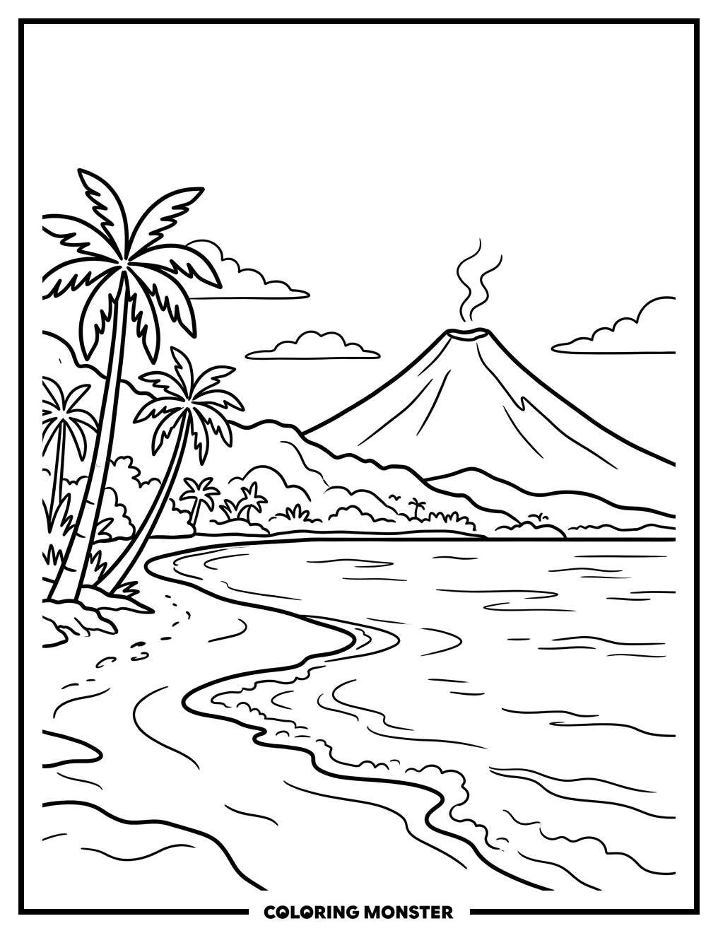 Hawaiian Beach With Volcano Coloring Page