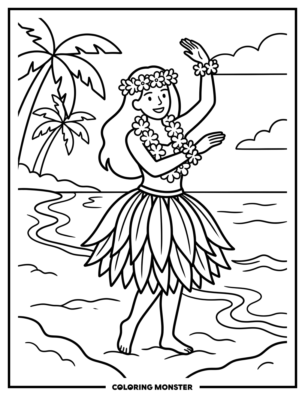 Hawaiian Dancer on Beach Coloring Page