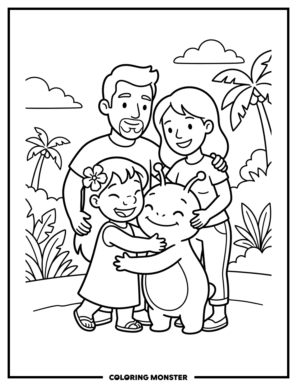 Hawaiian Family With Blue Alien Coloring Page