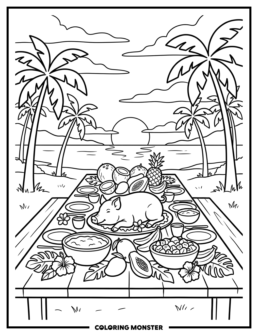 Hawaiian Feast at Sunset Coloring Page