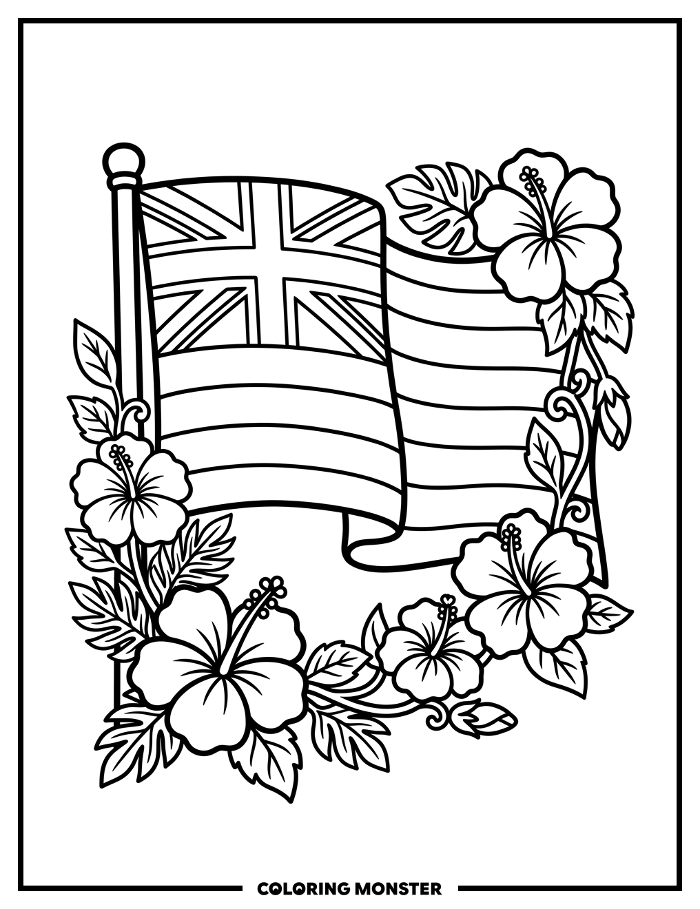 Hawaiian Flag With Hibiscus Flowers Coloring Page