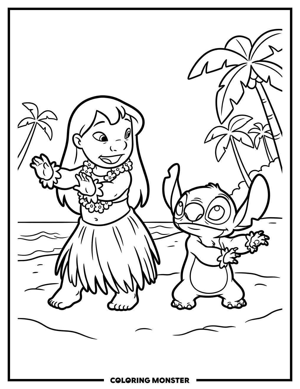 Hawaiian Girl and Alien on Beach Coloring Page