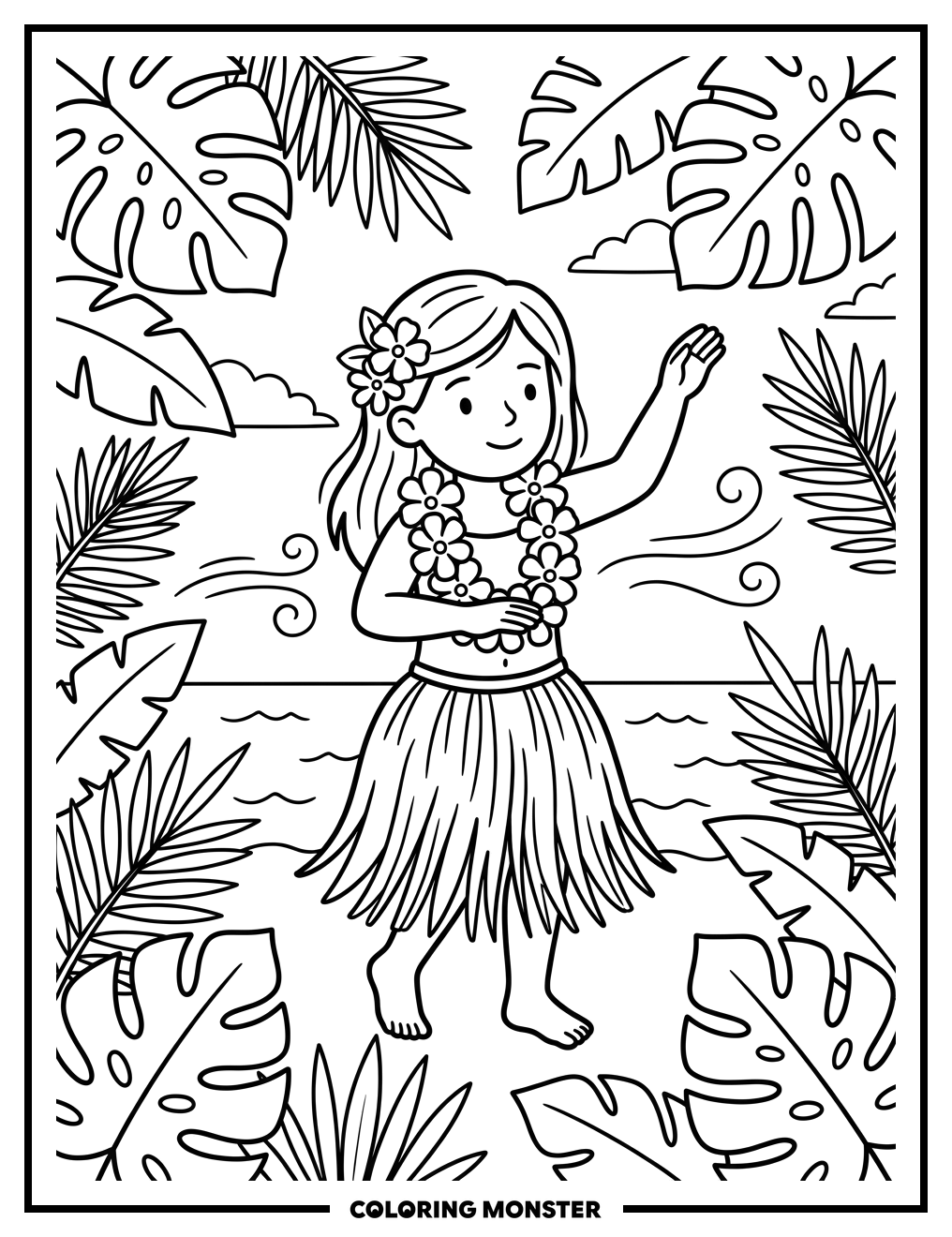 Hawaiian Girl Dancing with Flowers Coloring Page