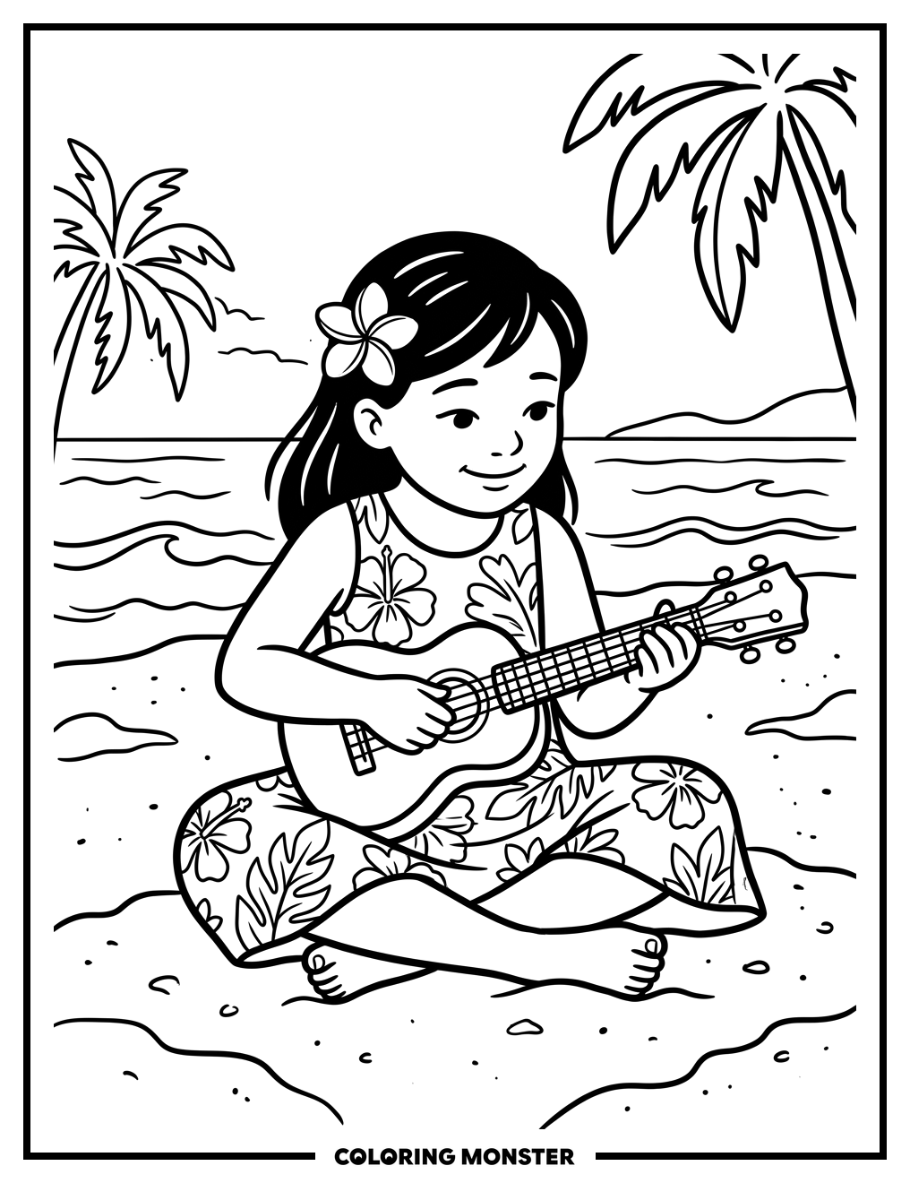 Hawaiian Girl Playing Ukulele Coloring Page