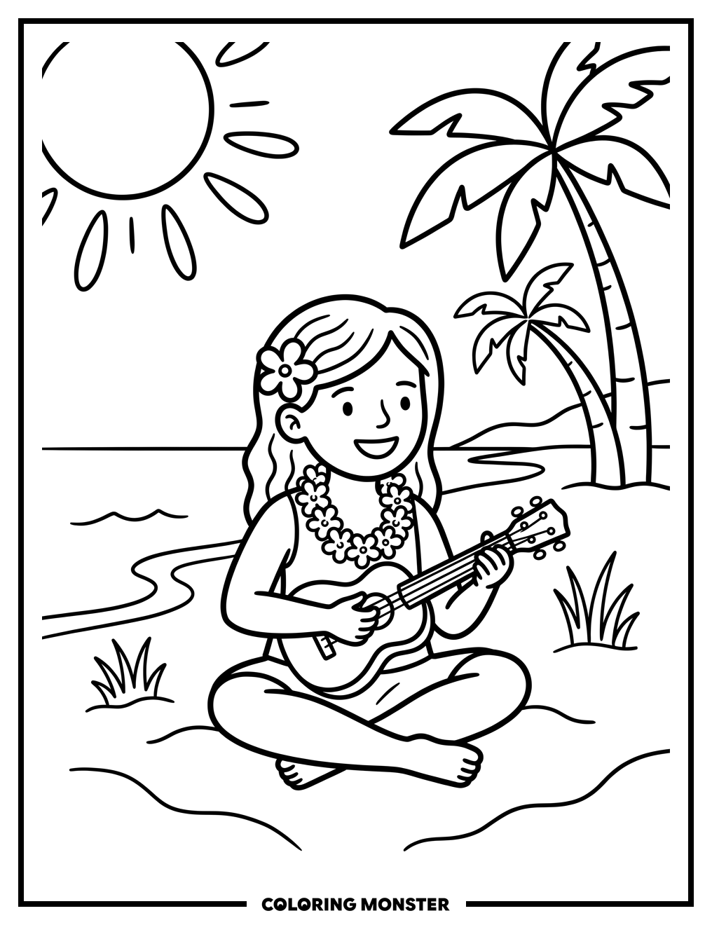 Hawaiian Girl Playing Ukulele On Beach Coloring Page
