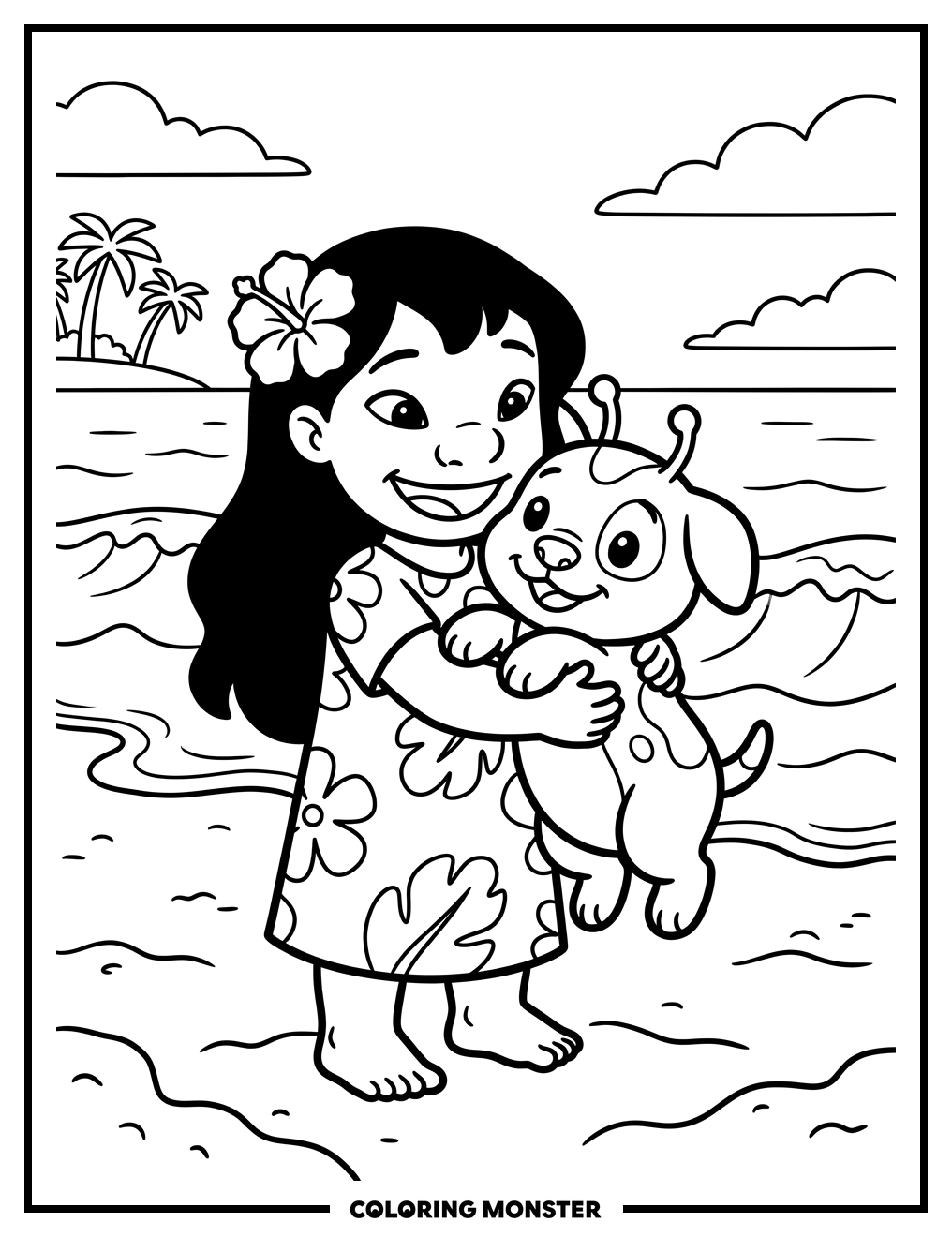 Hawaiian Girl With Alien Friend Coloring Page