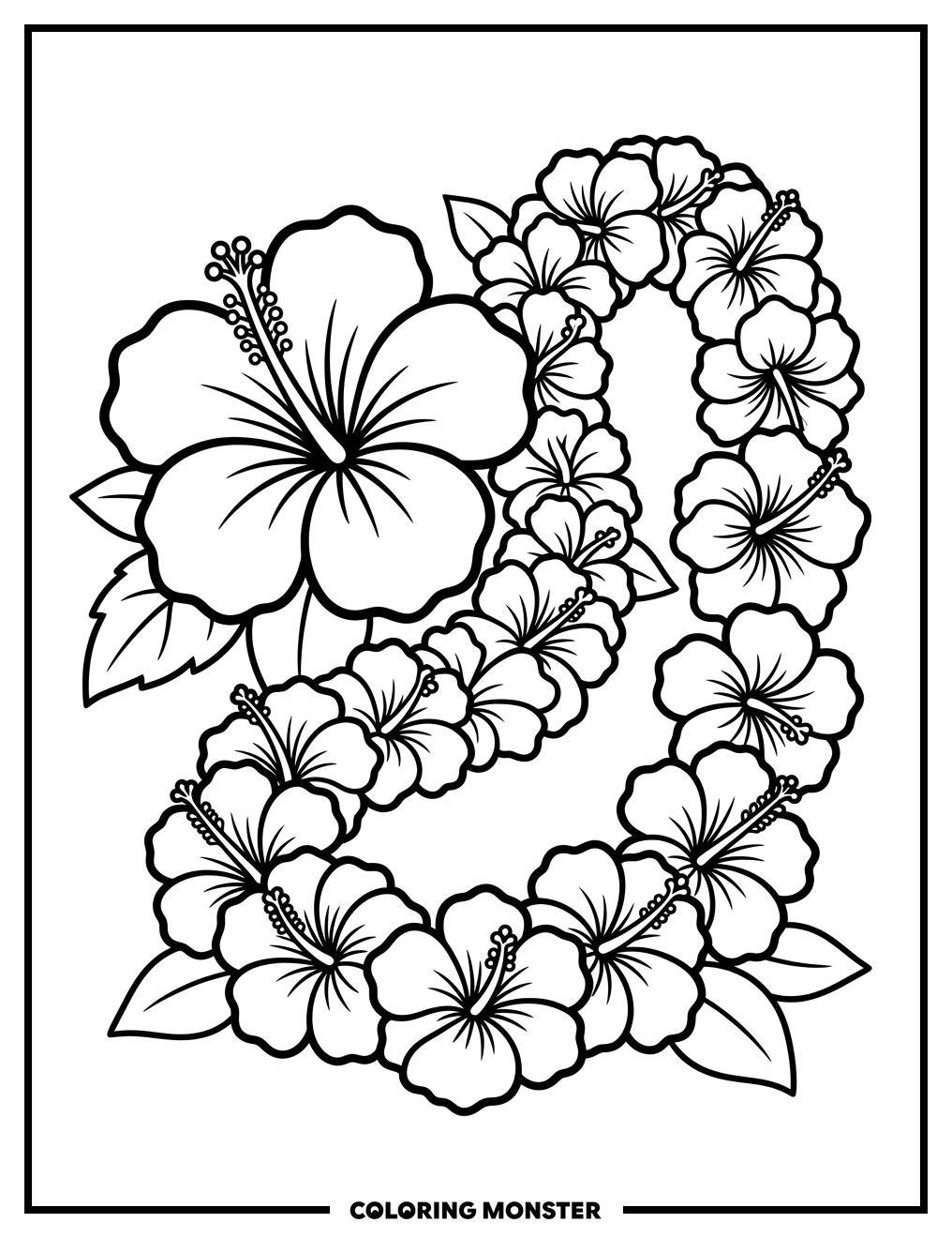 Hawaiian Hibiscus Flower and Lei Coloring Page