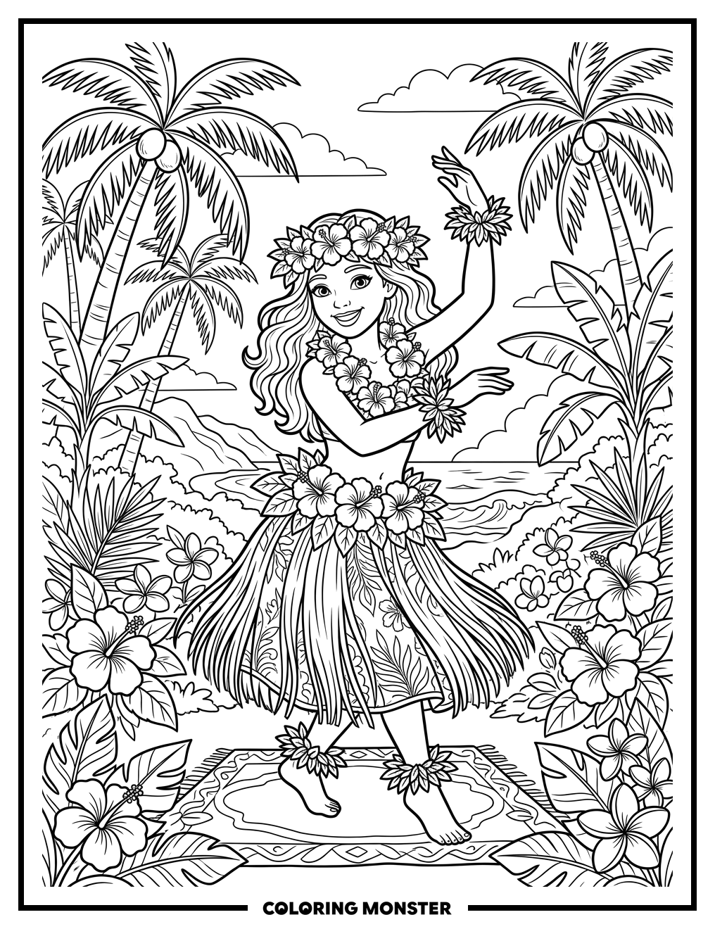 Hawaiian Hula Dancer Among Tropical Flowers Coloring Page