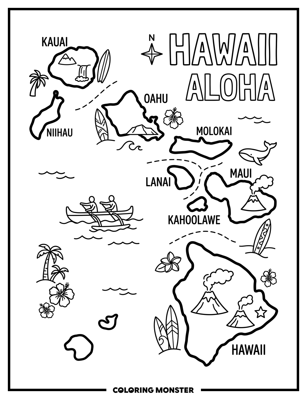 Hawaiian Islands Map With Landmarks Coloring Page