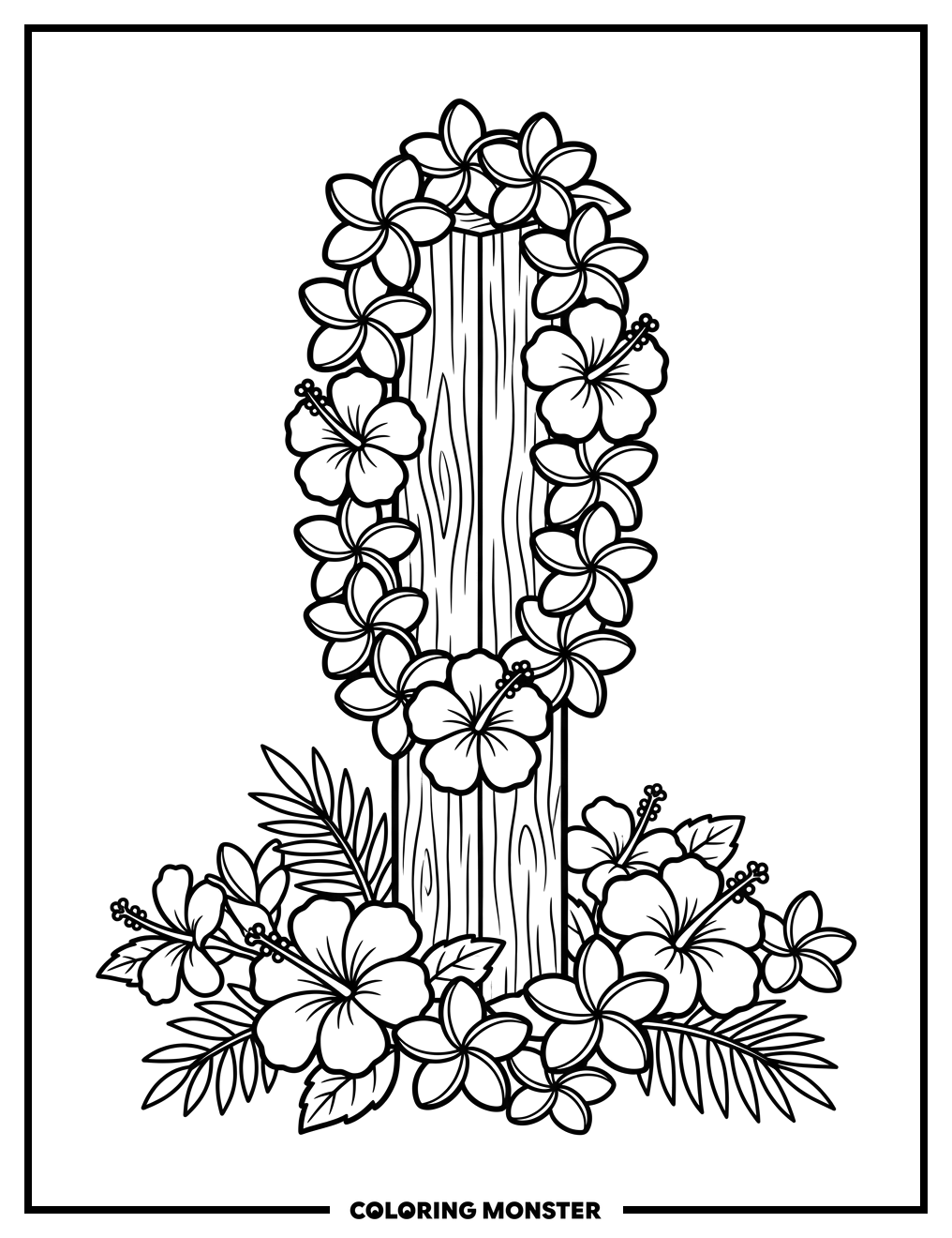 Hawaiian Lei on Wooden Post Coloring Page