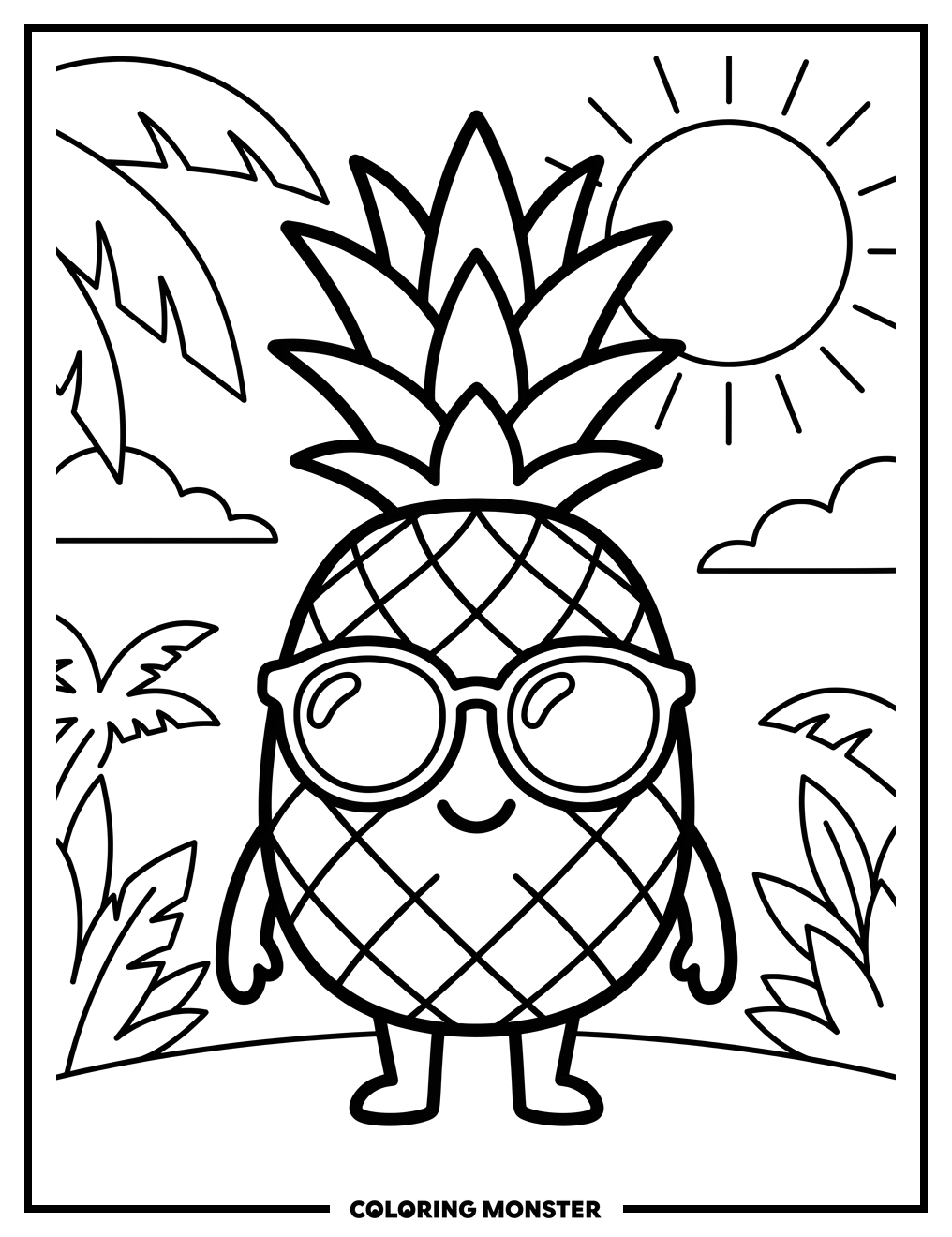 Hawaiian Pineapple With Sunglasses Coloring Page