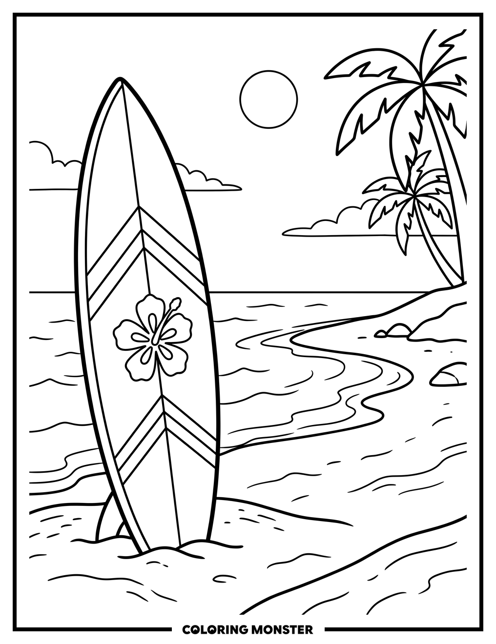 Hawaiian Surfboard on Beach Coloring Page