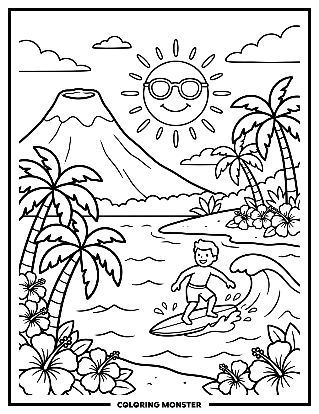 Hawaiian Surfer Scene Coloring Page