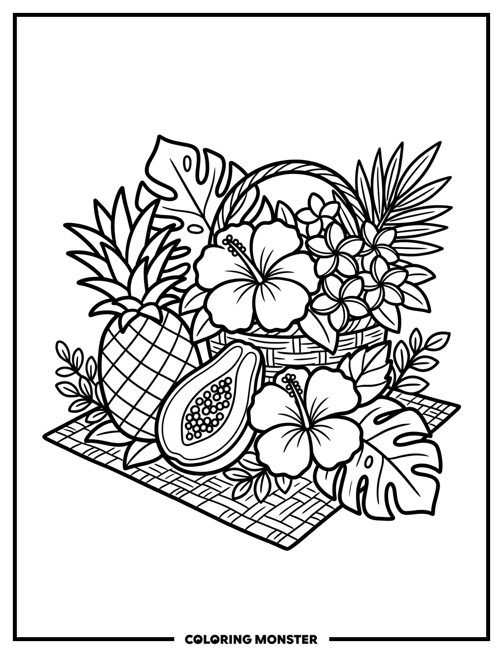 Hawaiian Tropical Flowers and Fruit Coloring Page
