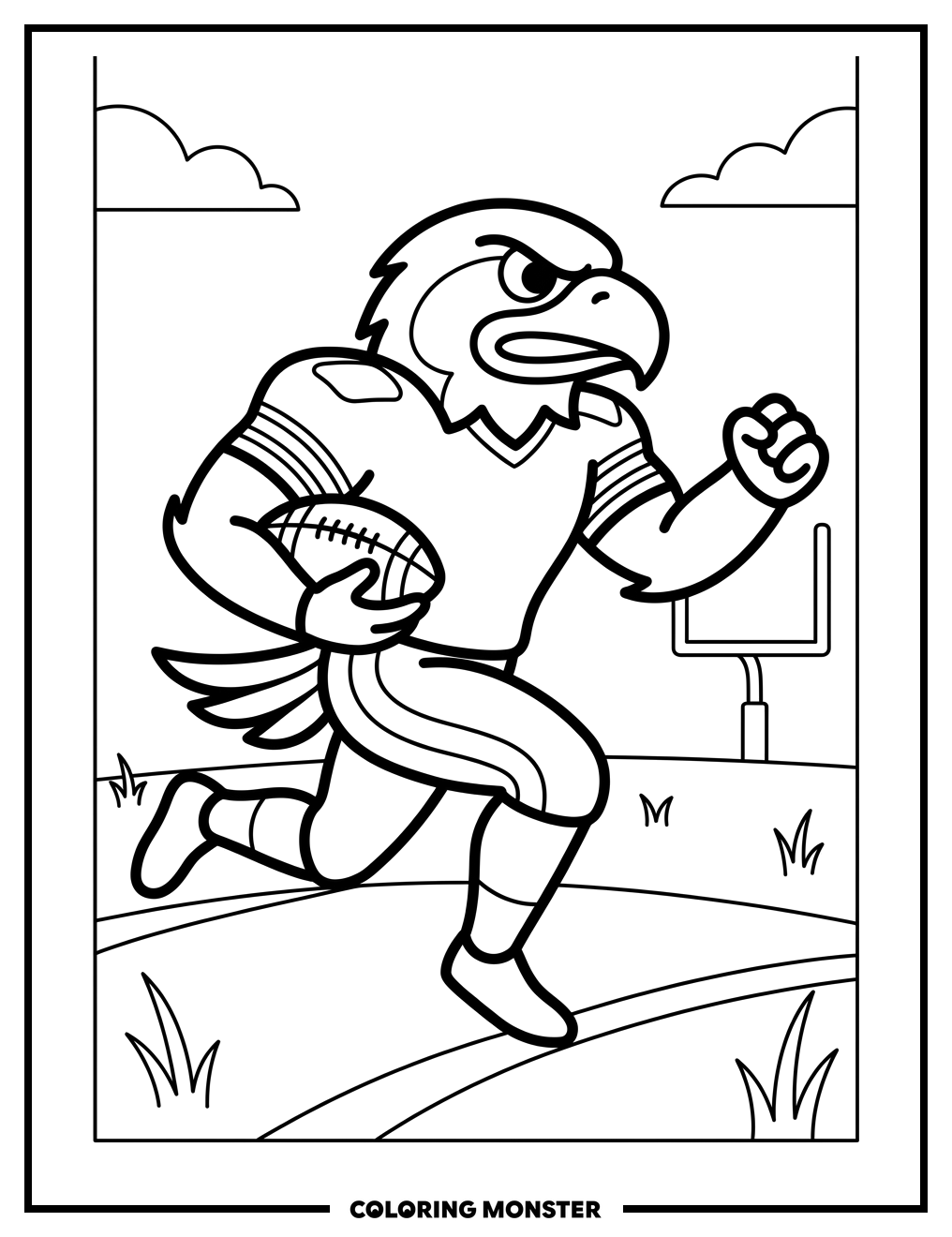Hawkeye Mascot Rushing With Football Coloring Page