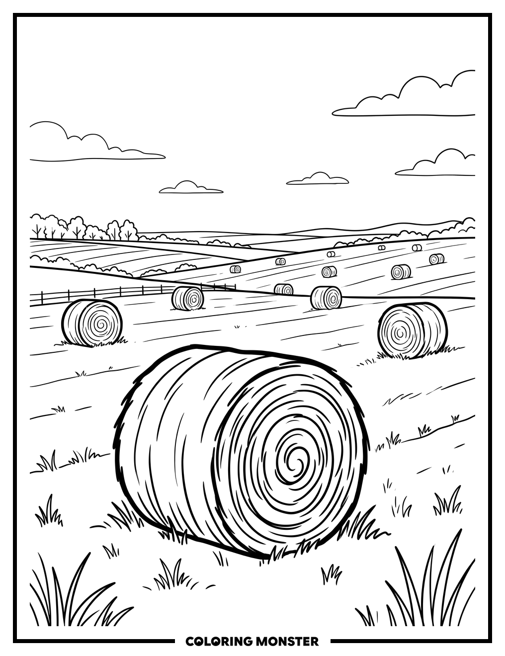 Hay Bales in a Field Coloring Page