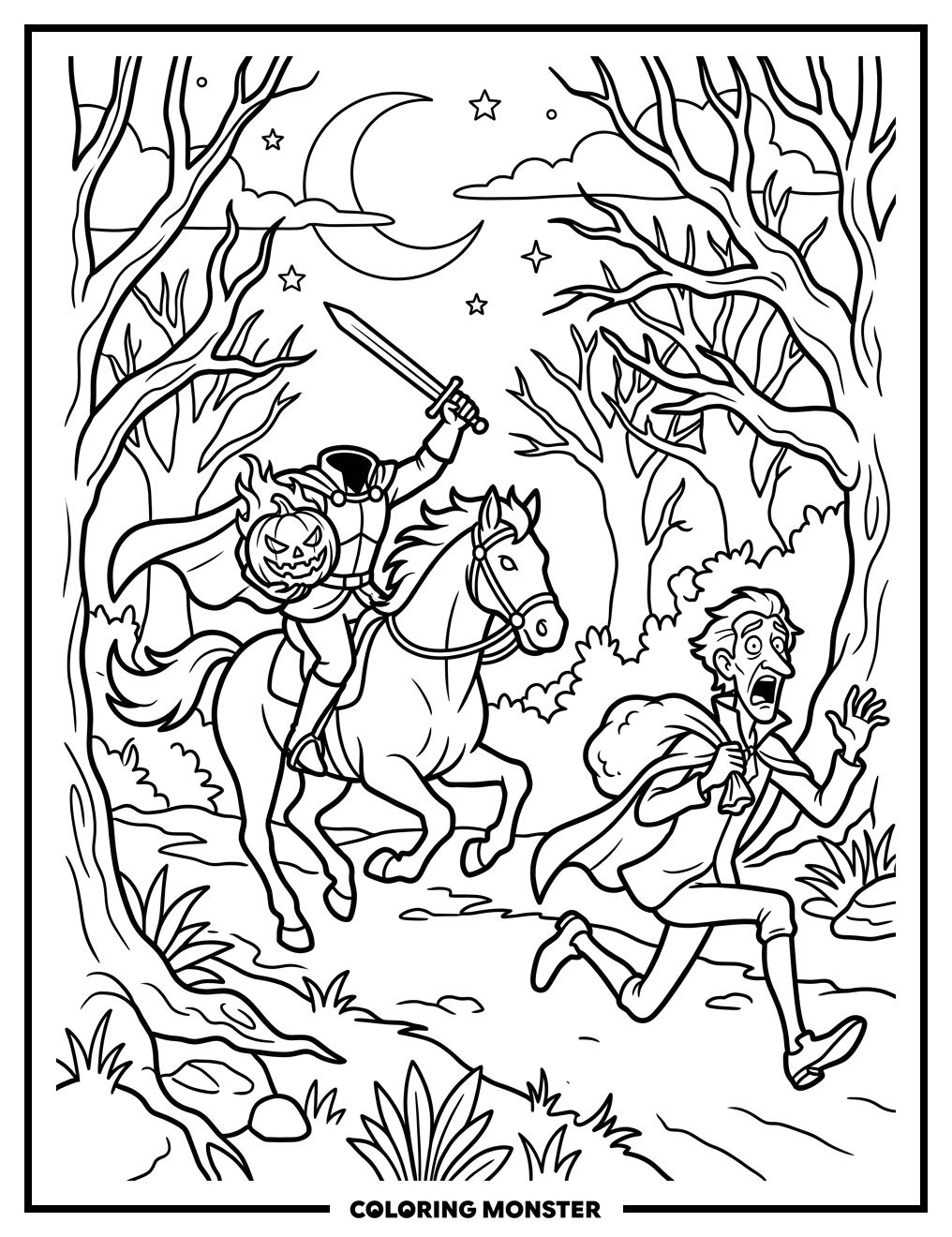 Headless Horseman Chasing Ichabod Crane Coloring Page