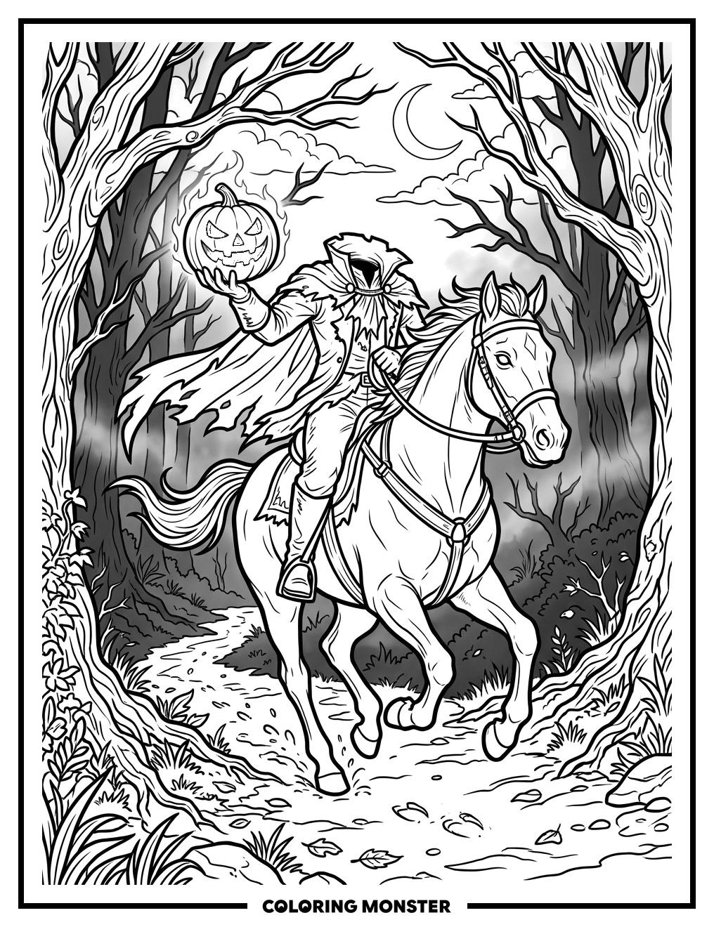 Headless Horseman in Foggy Forest Coloring Page