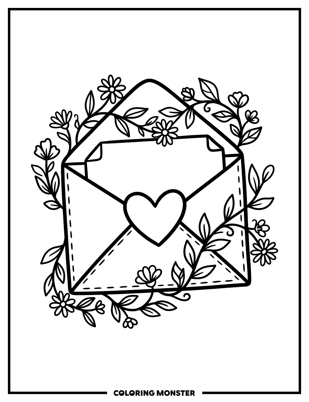Heart Envelope With Flowers Coloring Page