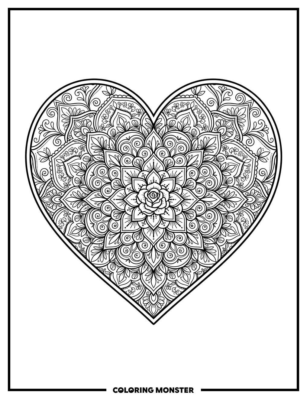 Heart Mandala Floral Design Coloring Page