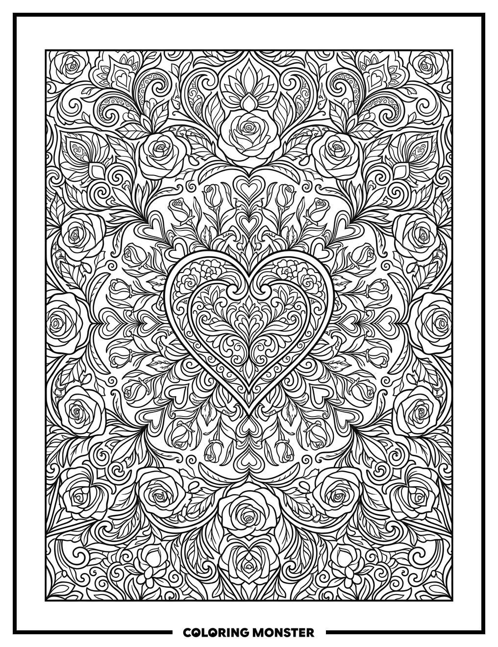 Heart Mandala With Roses Coloring Page