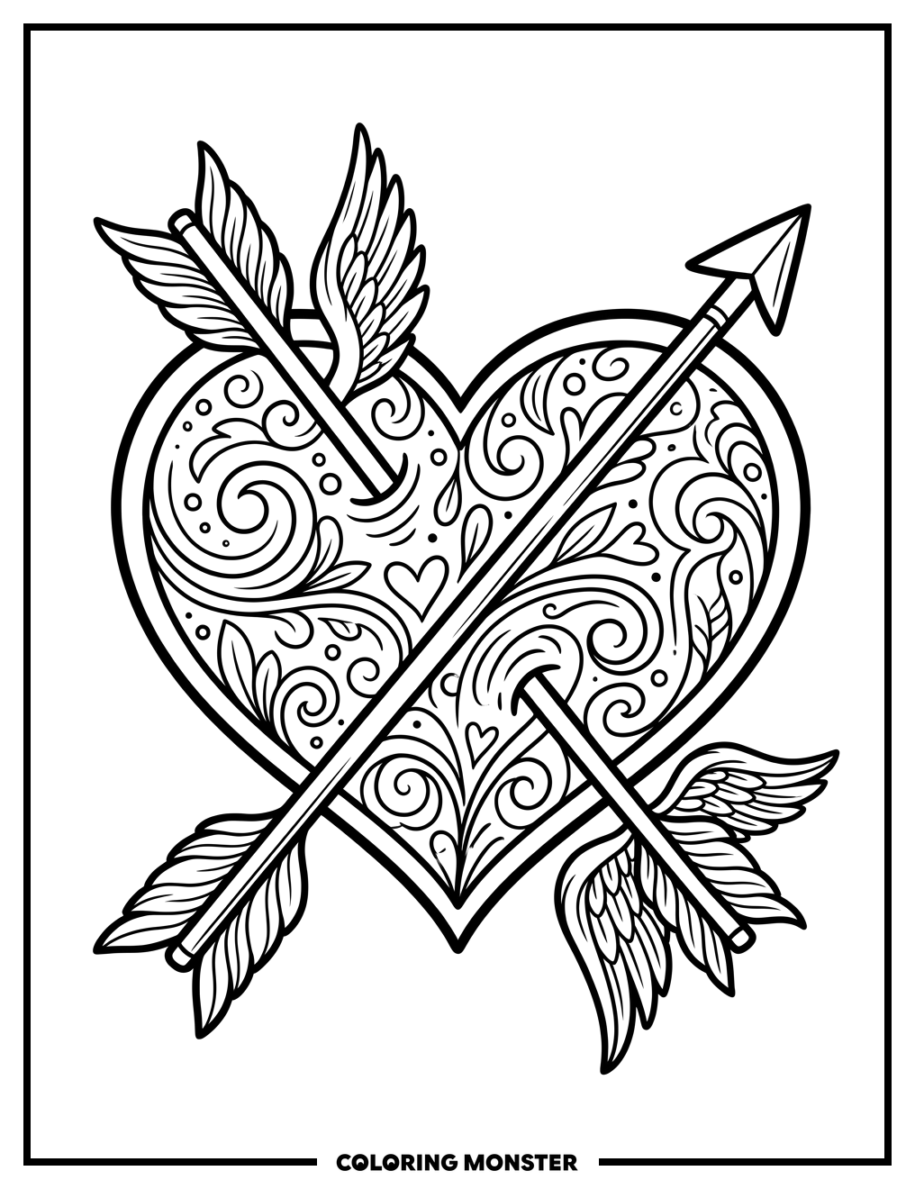 Heart pierced by Cupid's Arrows Coloring Page