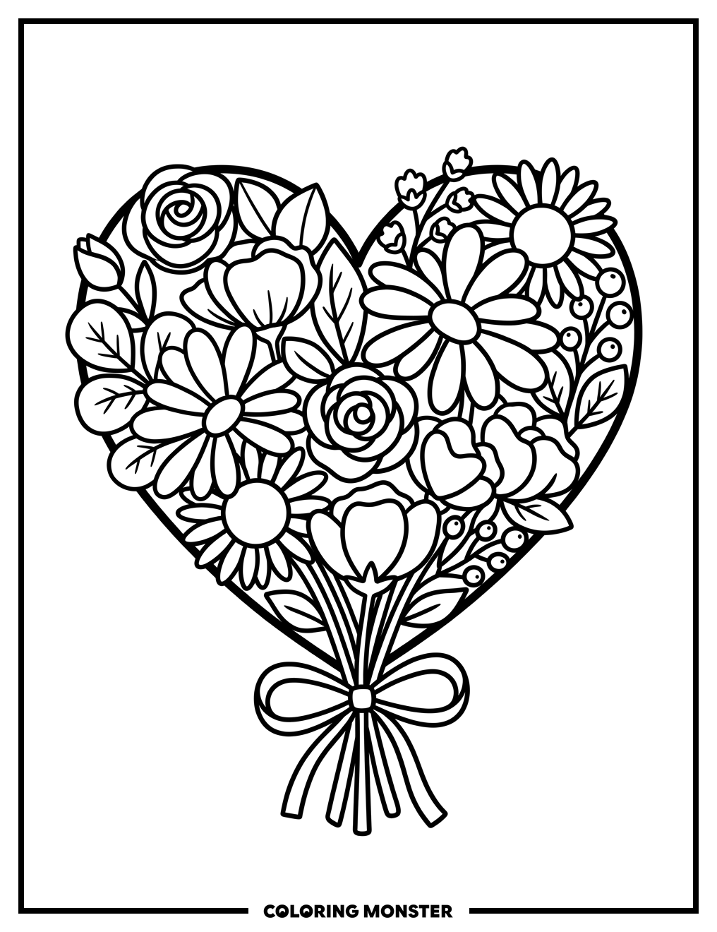 Heart Shaped Flower Bouquet Coloring Page