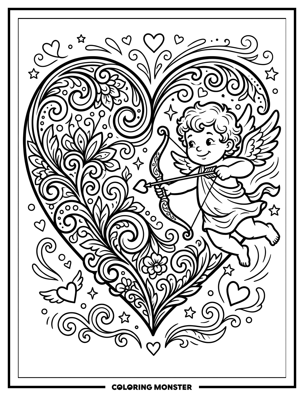 Heart With Cupid and Swirls Coloring Page