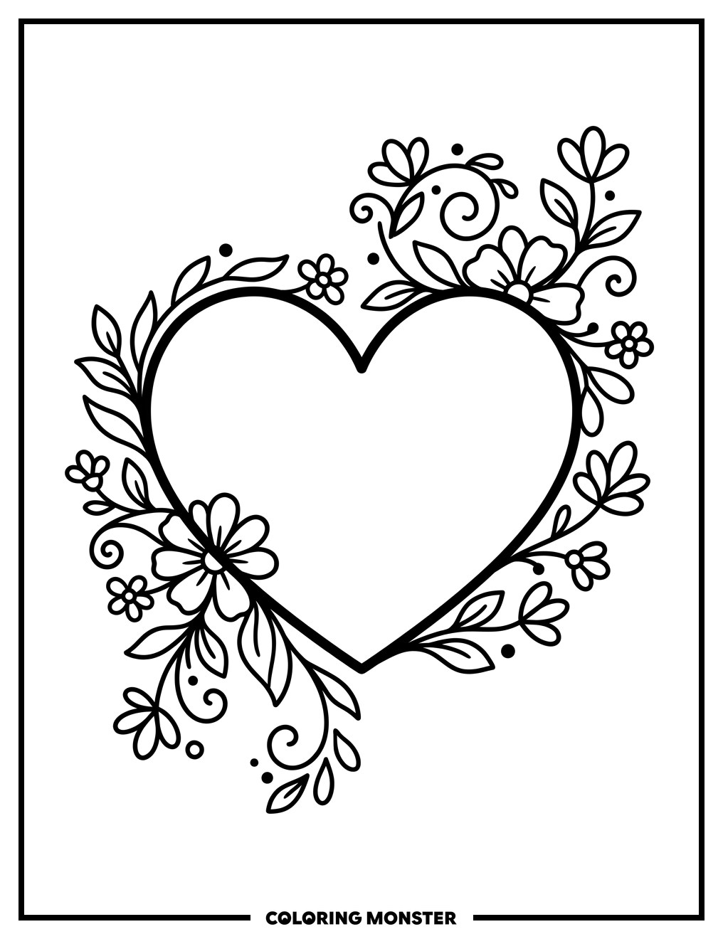 Heart with Flowers and Leaves Coloring Page