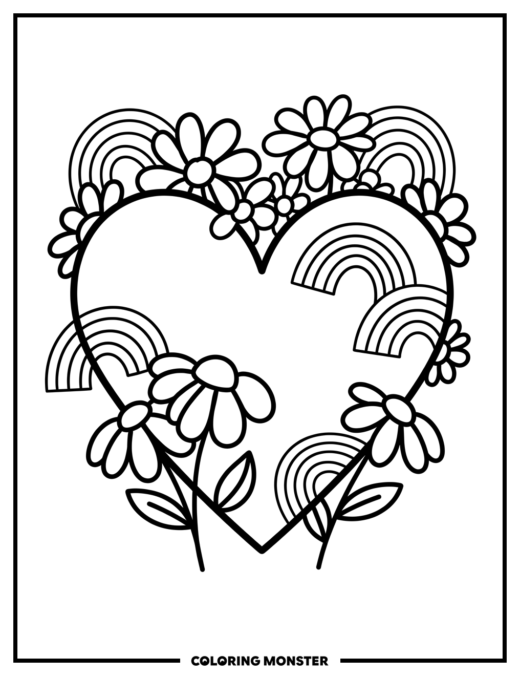 Heart With Flowers and Rainbows Coloring Page