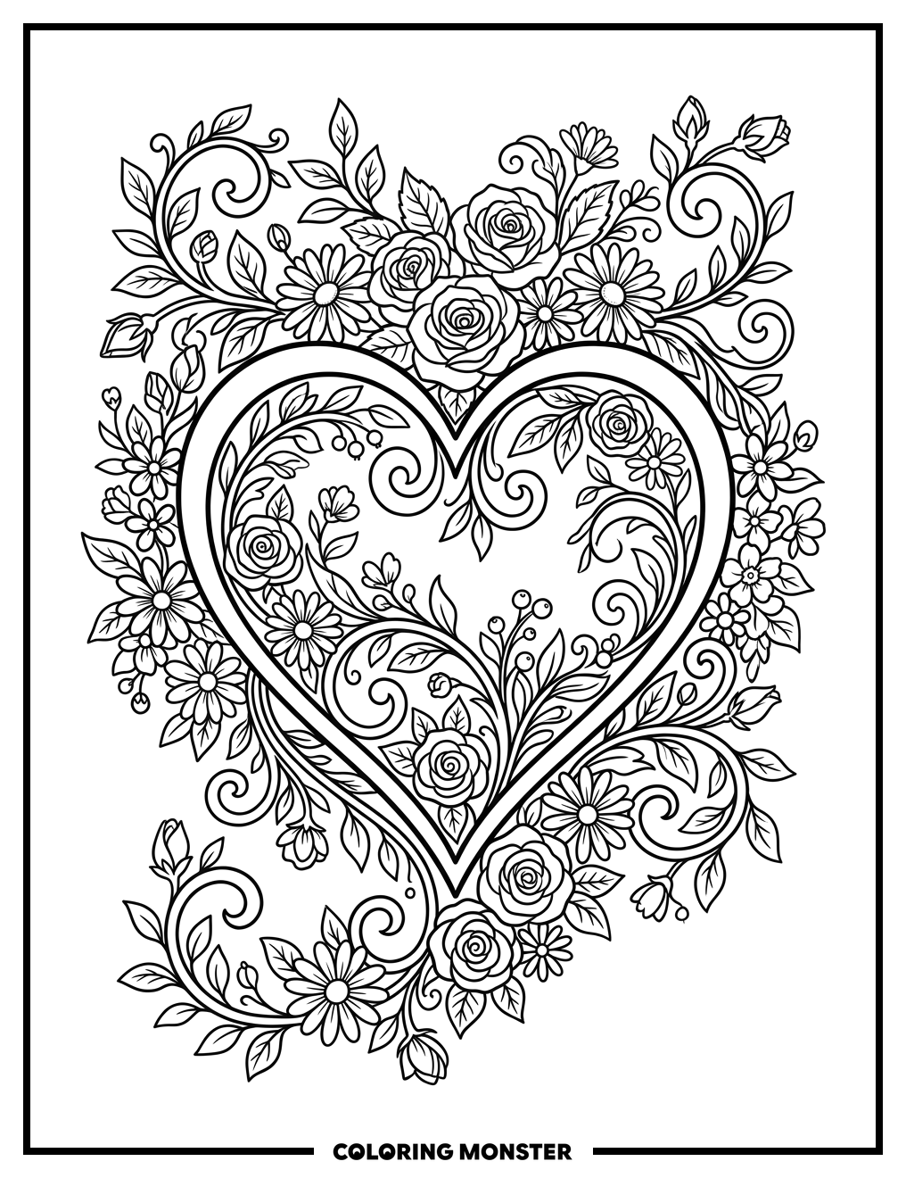 Heart with Flowers and Vines Coloring Page