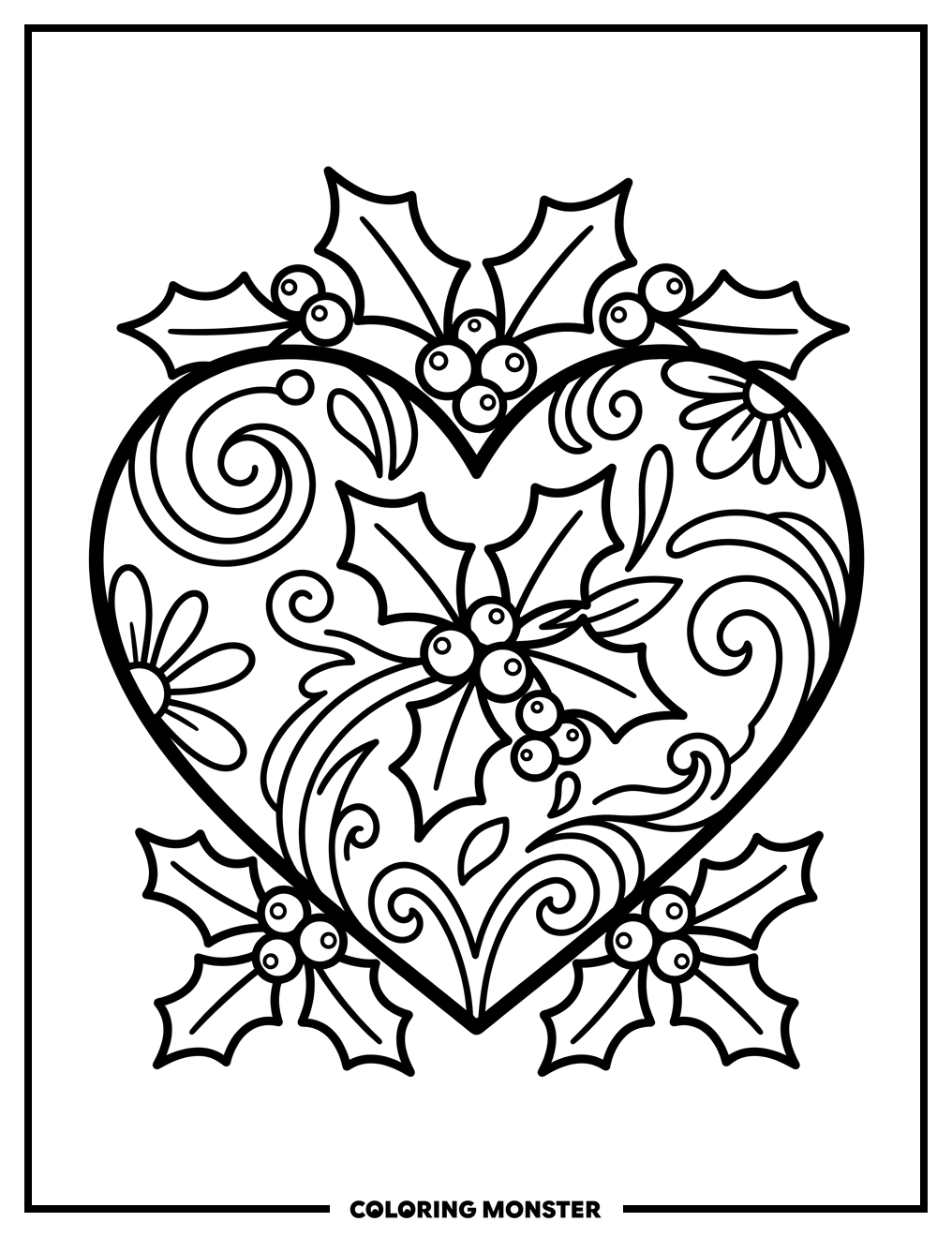 Heart with Holly and Berries Coloring Page