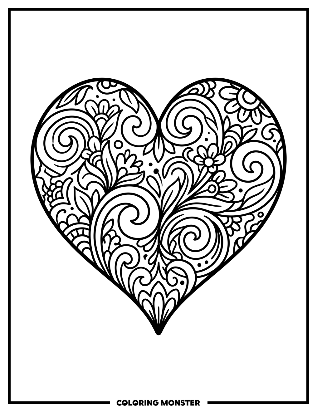 Heart with Swirls and Flowers Coloring Page