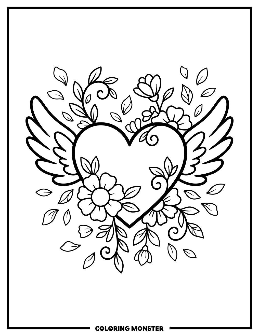 Heart With Wings and Flowers Coloring Page