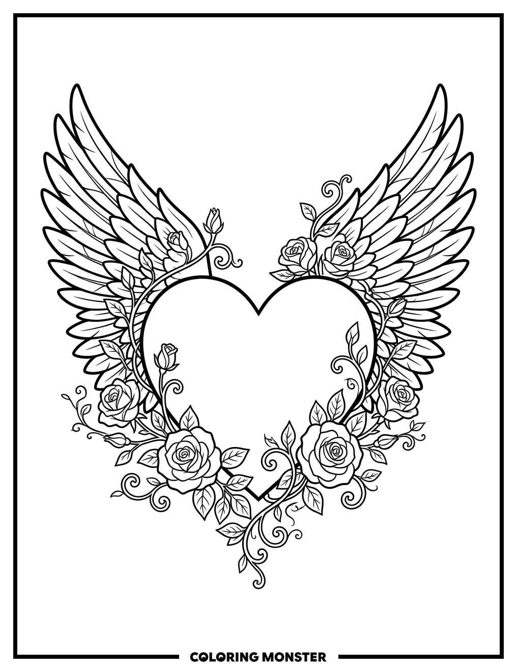 Heart With Wings And Roses Coloring Page
