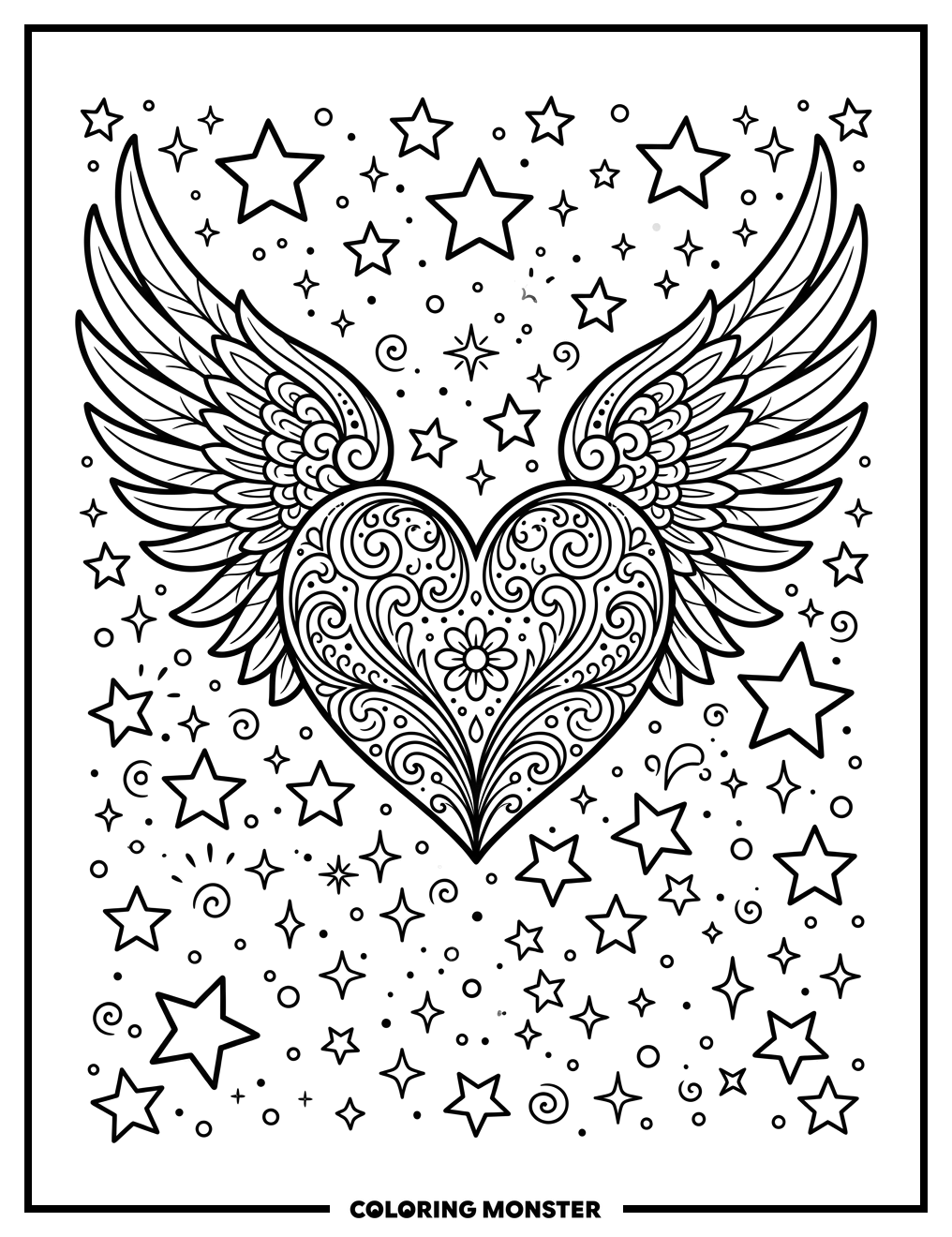 Heart With Wings and Stars Coloring Page