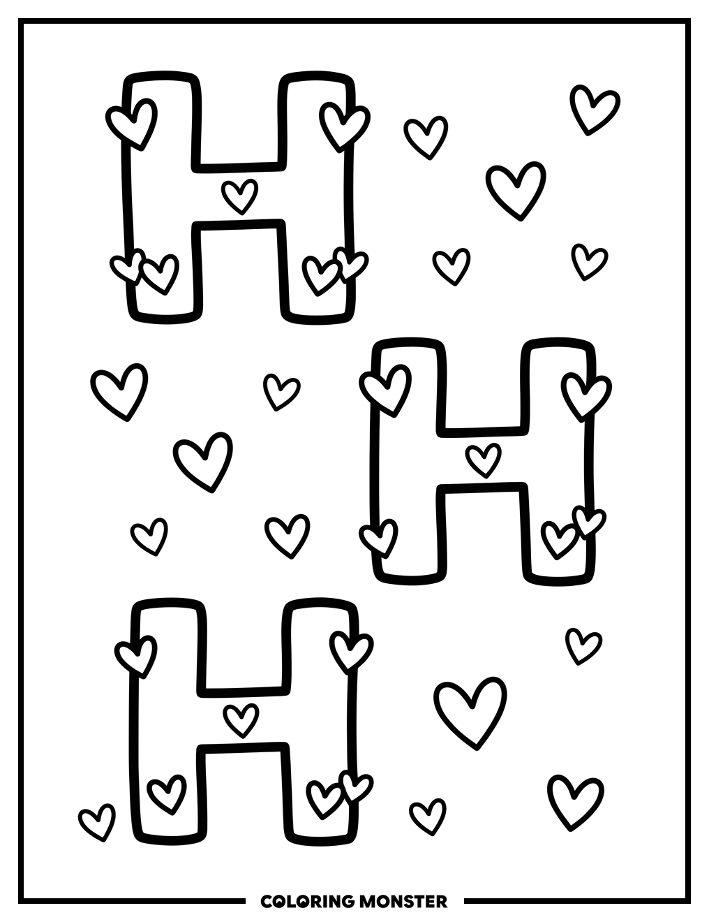 Hearts Adorning Letters HHH Coloring Page