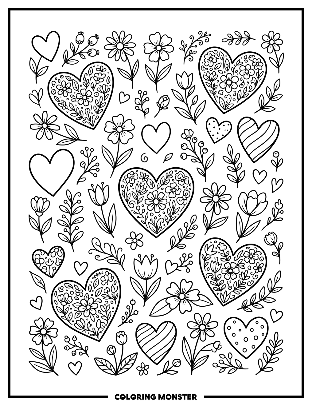Hearts and Flowers Galore Coloring Page