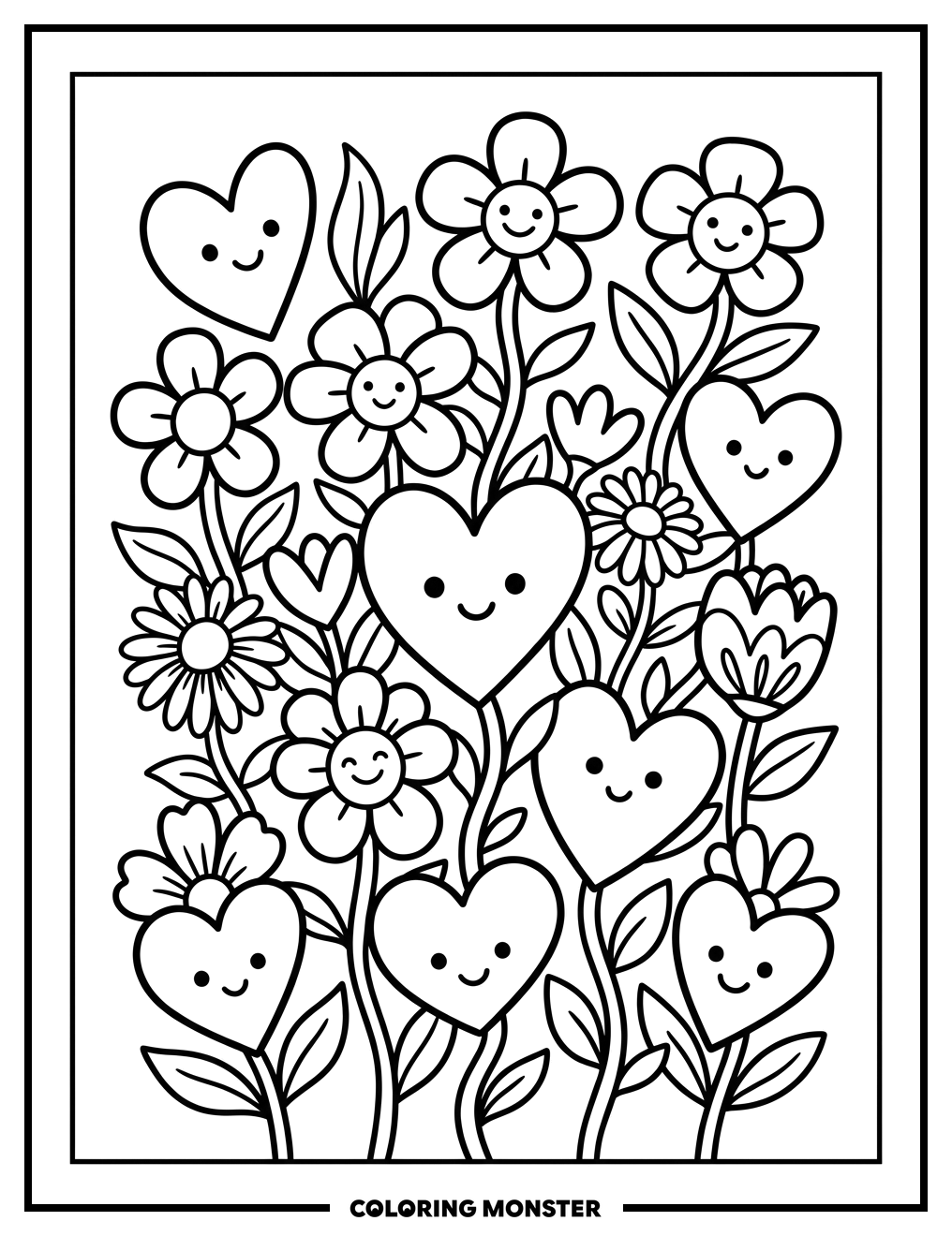 Hearts and Flowers Garden Coloring Page