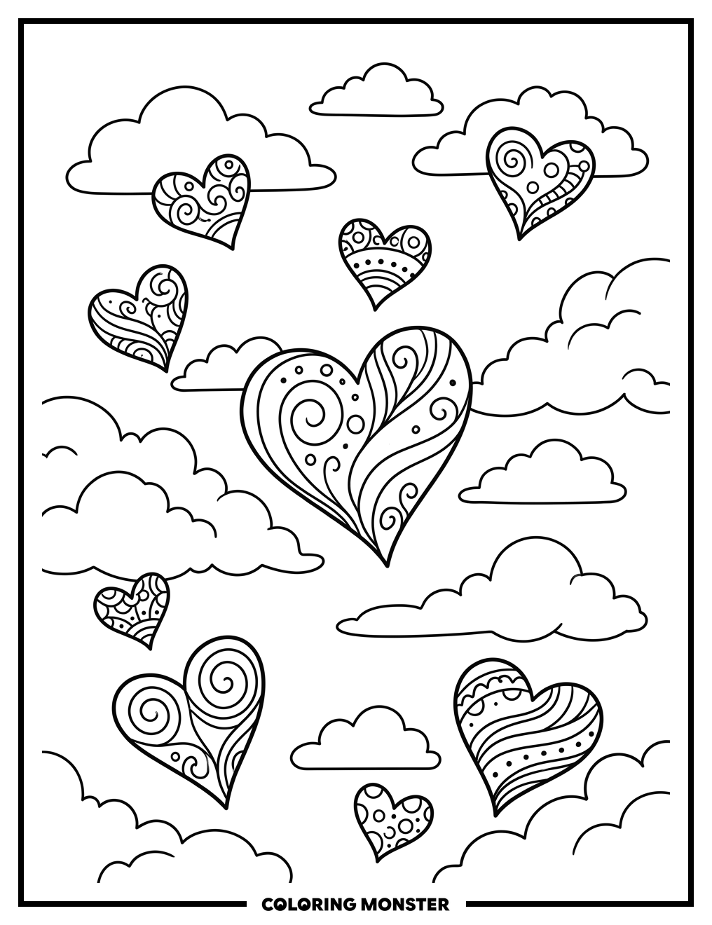 Hearts Floating in the Clouds Coloring Page