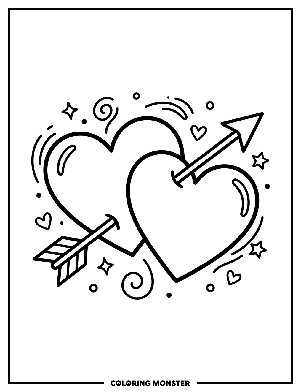 Hearts with Cupid's Arrow Coloring Page