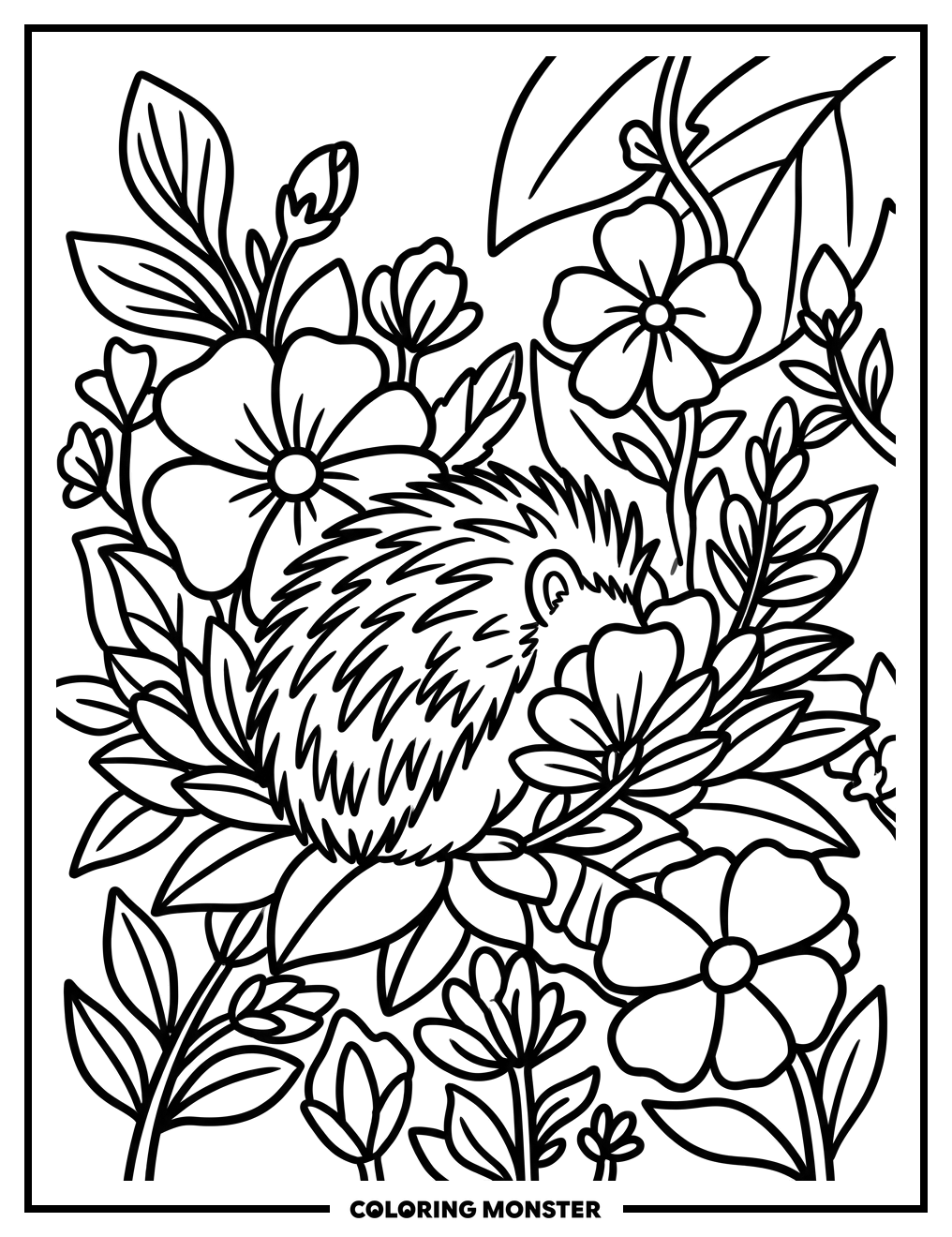 Hedgehog Amongst Flowers Coloring Page