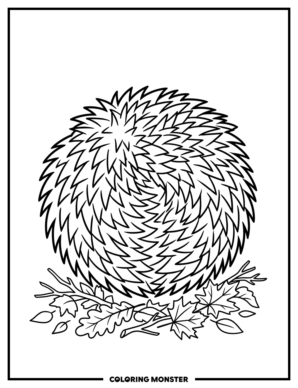 Hedgehog Curled in Leaves Coloring Page